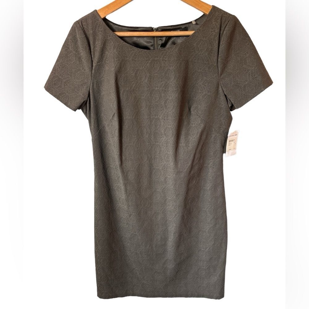 NWT Tahari textured jacquard sheath dress deep olive green size 10. Career